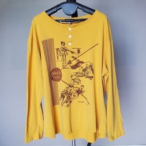Pee Chee Nostalgic Yellow Long Sleeve Quarter Button Graphic Henley Shirt 2XL